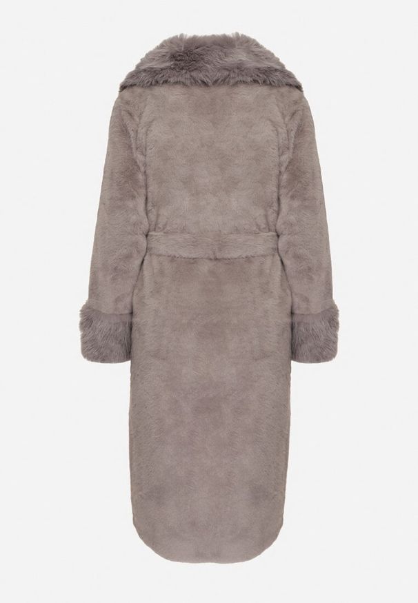 Born2be - Szary Futerkowy Płaszcz z Szerokim Kołnierzem i Mankietami z Wiązanym Paskiem Viaruna. Okazja: na co dzień, na imprezę. Kolor: szary. Materiał: dzianina. Długość rękawa: długi rękaw. Długość: długie. Styl: casual, elegancki