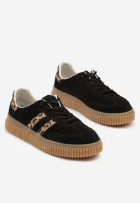 Renee - Czarne Zamszowe Sneakersy w Stylu Kultowych Tenisówek ze Skórzaną Wkładką i Wzorem w Panterkę Tenannia. Okazja: na co dzień. Kolor: czarny. Materiał: zamsz, skóra. Wzór: motyw zwierzęcy #5