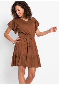 bonprix - Sukienka shirtowa z falbanami. Kolor: brązowy