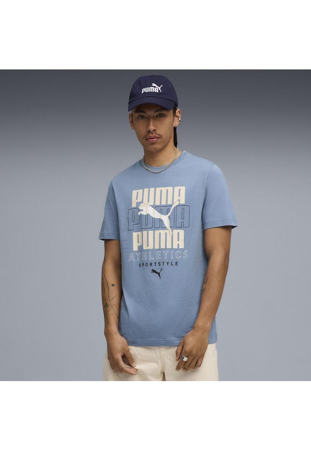 Puma - Męska koszulka z nałożonymi na siebie grafikami PUMA. Kolor: niebieski, różowy, wielokolorowy, fioletowy. Sport: bieganie