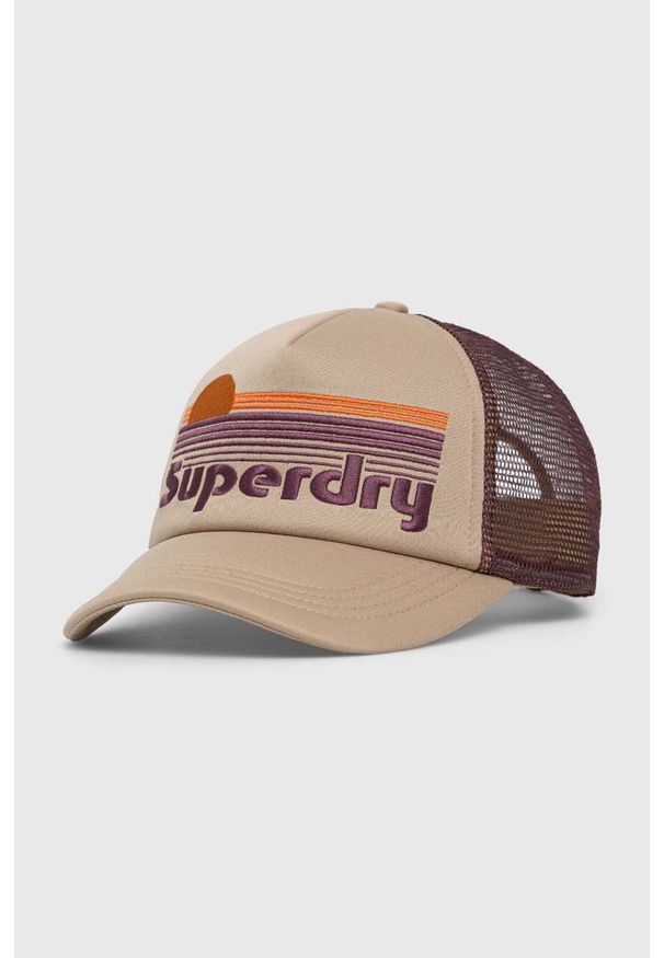 Superdry czapka z daszkiem kolor brązowy wzorzysta. Kolor: brązowy