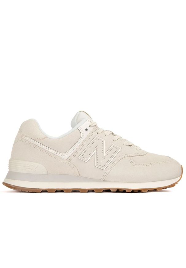 Buty New Balance U574NWW - beżowe. Okazja: na co dzień. Kolor: beżowy. Materiał: zamsz, skóra, materiał, syntetyk, guma. Szerokość cholewki: normalna. Model: New Balance 574