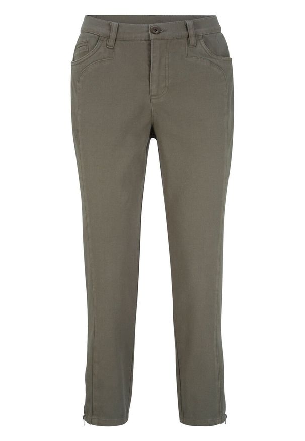 Spodnie wyszczuplające 7/8 bonprix ciemnooliwkowy. Kolor: zielony. Materiał: elastan, materiał, bawełna
