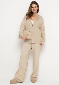 Born2be - Beżowy Komplet z Wełną i Bawełną Szerokie Spodnie i Rozpinana Bluzka z Kapturem Reikania. Kolor: beżowy. Materiał: wełna, bawełna #7