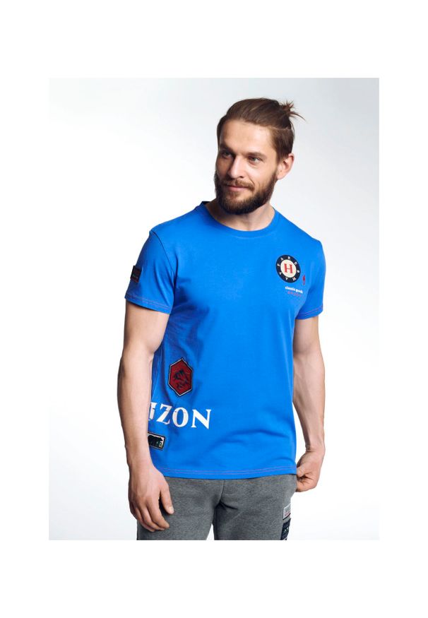 Ochnik - T-shirt męski. Kolor: niebieski. Materiał: bawełna. Wzór: aplikacja