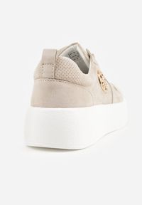 Born2be - Beżowe Sneakersy Skórzane na Grubej Podeszwie z Geometryczną Ozdobą Syrolphi. Okazja: na co dzień. Kolor: beżowy. Materiał: skóra. Wzór: geometria, aplikacja #5