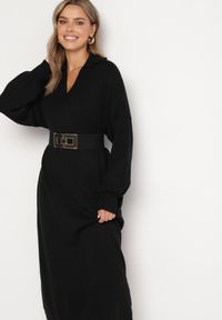 Born2be - Czarna Pudełkowa Sukienka Sweterkowa z Wiskozą Szerokimi Rękawami i Kołnierzykiem Rinfera. Kolor: czarny. Materiał: wiskoza. Typ sukienki: proste. Styl: wizytowy, elegancki #2