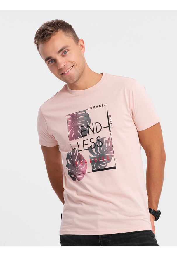 Ombre Clothing - T-shirt męski z nadrukiem - jasnoróżowy V2 OM-TSPT-0131 (PALE ROSE) - XXL. Kolor: różowy. Materiał: bawełna. Wzór: nadruk. Styl: klasyczny