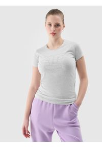 4f - 4F T-shirt slim z nadrukiem damski - szary L. Okazja: na co dzień. Kolor: szary. Materiał: dzianina, bawełna, wiskoza, jersey, materiał, elastan. Długość rękawa: krótki rękaw. Długość: krótkie. Wzór: nadruk. Styl: sportowy, casual