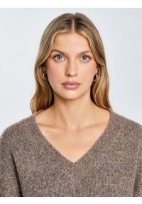 Big-Star - Sweter damski v-neck z dodatkiem wełny brązowy Violina 804. Okazja: do pracy, na co dzień. Kolor: brązowy. Materiał: wełna. Wzór: ze splotem, jednolity. Styl: klasyczny, casual #5