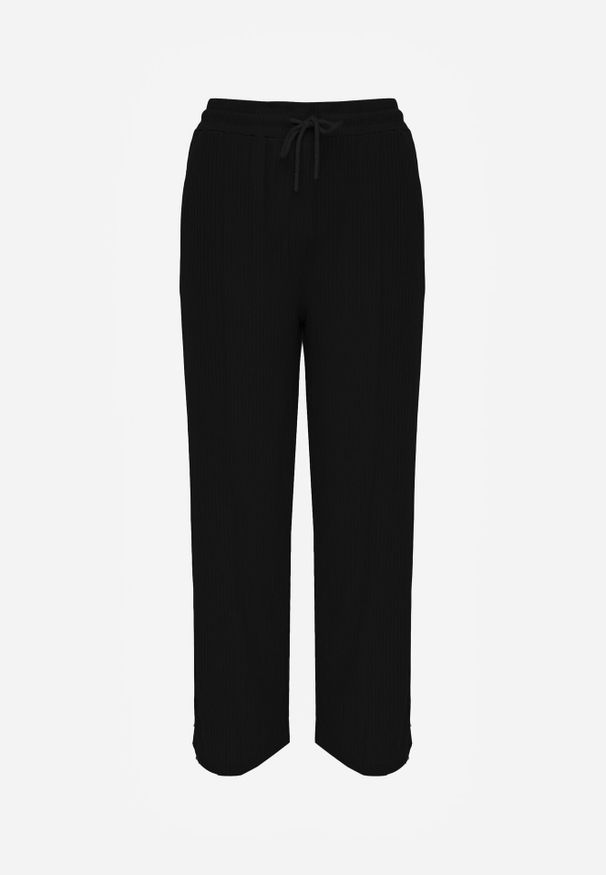 Born2be - Czarne Szerokie Spodnie z Prążkowanej Tkaniny z Wysokim Stanem Sarora. Okazja: na co dzień. Stan: podwyższony. Kolor: czarny. Materiał: tkanina, prążkowany. Wzór: prążki. Styl: casual