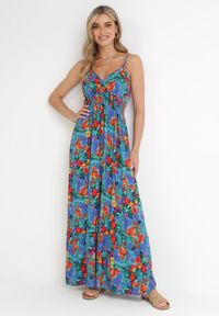 Born2be - Niebieska Sukienka z Wiskozy w Kwiaty i Kopertowym Dekoltem Gelia. Kolor: niebieski. Materiał: wiskoza. Długość rękawa: na ramiączkach. Wzór: kwiaty. Typ sukienki: kopertowe #2