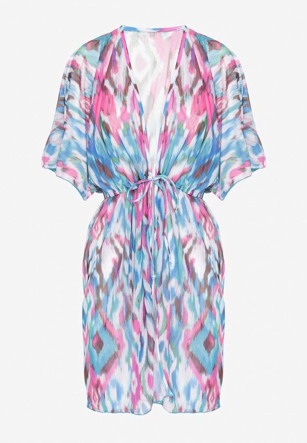 Renee - Niebiesko-Różowa Siateczkowa Narzutka z Abstrakcyjnym Motywem Ozdobiona Wiązaniem Revoreia. Okazja: na co dzień. Kolor: niebieski. Wzór: aplikacja. Styl: casual