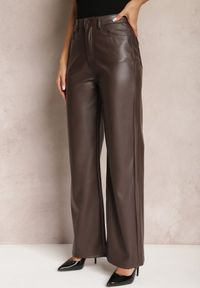 Renee - Brązowe Szerokie Spodnie High Waist z Imitacji Skóry Curbelo. Stan: podwyższony. Kolor: brązowy. Materiał: skóra #3