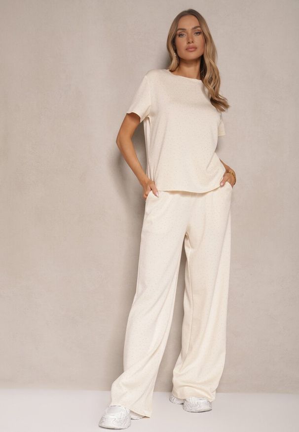 Renee - Beżowe Spodnie z Wiskozą o Szerokim Kroju z Cyrkoniami Zeleria. Okazja: na co dzień. Kolor: beżowy. Materiał: wiskoza. Styl: elegancki, casual