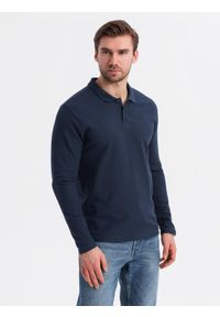 Ombre Clothing - Męski longsleeve BASIC z kołnierzykiem polo – granatowy V3 - Rozmiar: S. Okazja: na co dzień, do pracy. Typ kołnierza: polo. Kolor: niebieski. Materiał: dzianina, bawełna. Długość rękawa: długi rękaw. Wzór: ze splotem. Styl: casual, elegancki