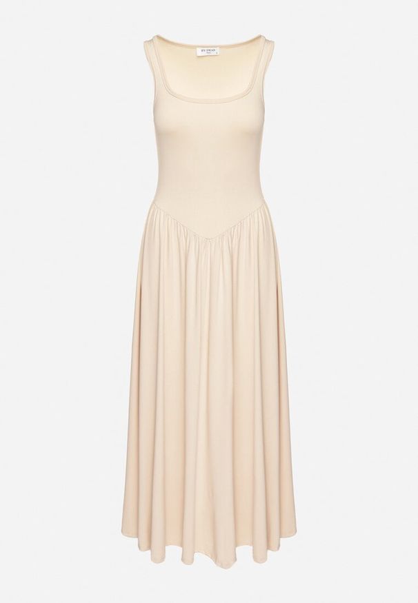 Born2be - Jasnobeżowa Sukienka z Wiskozą o Rozkloszowanym Kroju z Kwadratowym Dekoltem Tilvia. Okazja: na co dzień. Typ kołnierza: dekolt kwadratowy. Kolor: beżowy. Materiał: wiskoza. Długość rękawa: na ramiączkach. Sezon: lato. Styl: casual