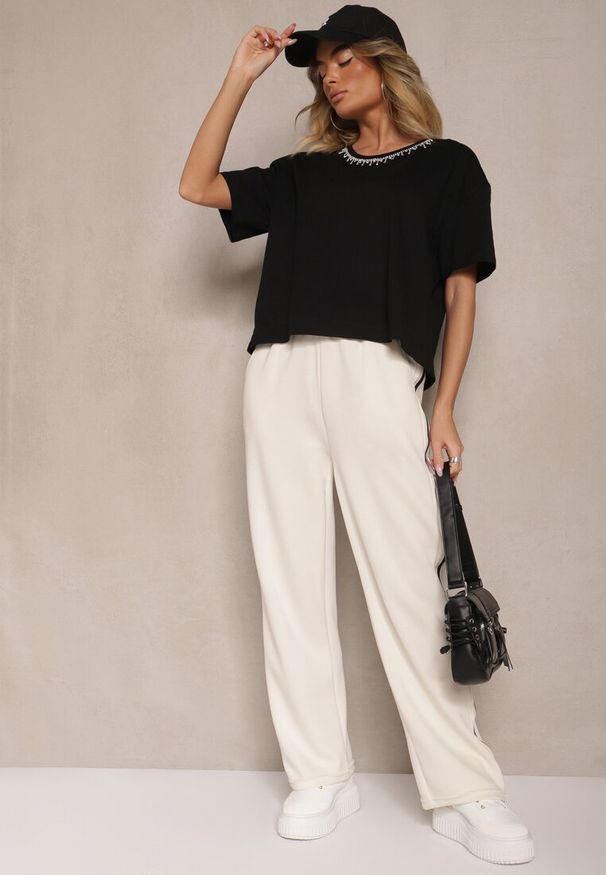 Renee - Czarny T-shirt z Bawełny z Cyrkoniami Fadeola. Okazja: na co dzień. Kolor: czarny. Materiał: bawełna. Styl: klasyczny, casual, elegancki