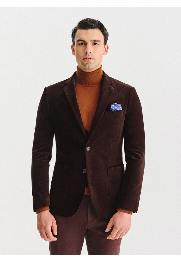 Pako Lorente - PAKO LORENTE - Brązowa sztruksowa marynarka męska. Okazja: na co dzień. Kolor: niebieski, brązowy. Materiał: sztruks. Styl: casual