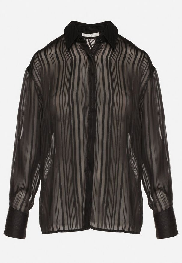 Born2be - Czarna Koszula w Paski Półtransparentna Zdobiona Metaliczną Nicią Delwenea. Okazja: na co dzień, na spacer. Typ kołnierza: kołnierzyk klasyczny. Kolor: czarny. Materiał: tkanina, jeans. Długość rękawa: długi rękaw. Długość: długie. Wzór: aplikacja, paski. Styl: casual, klasyczny