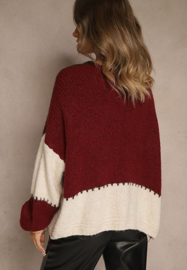 Renee - Bordowy Kardigan z Domieszką Wełny i Wiskozy w Patchworkowym Stylu Fesolinne. Okazja: na spacer. Kolor: czerwony. Materiał: wełna, wiskoza