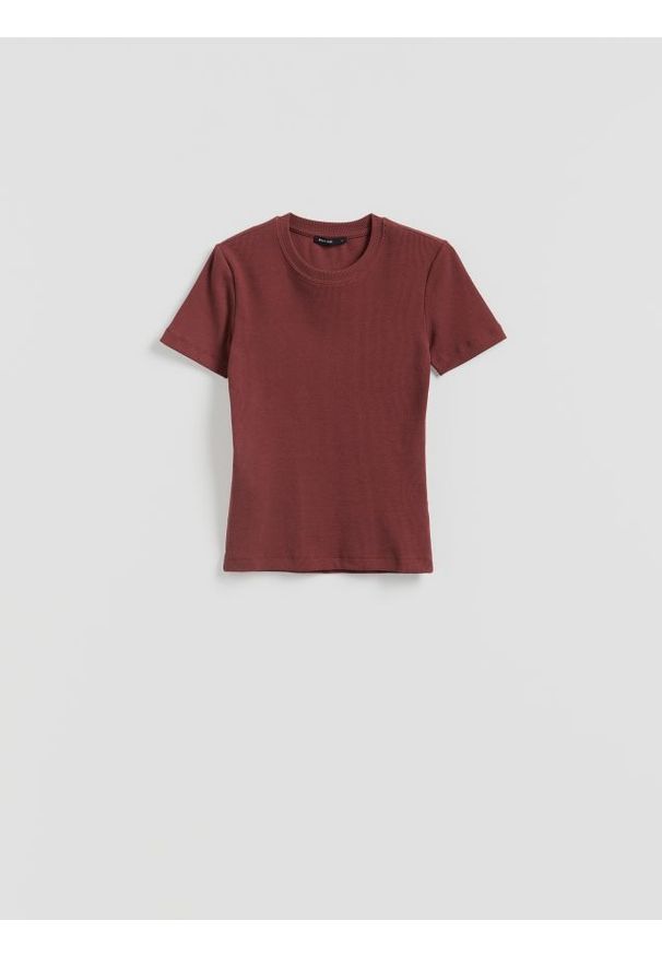 Reserved - T-shirt w prążek - brązowy. Kolor: brązowy. Materiał: bawełna, dzianina. Wzór: prążki