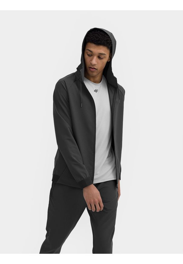 4f - Bluza treningowa rozpinana z kapturem męska. Typ kołnierza: kaptur. Kolor: brązowy, oliwkowy, wielokolorowy. Materiał: dzianina. Długość rękawa: raglanowy rękaw