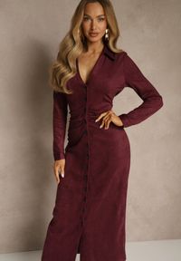 Renee - Bordowa Marszczona Sukienka z Imitacji Zamszu o Koszulowym Kroju Esora. Okazja: na randkę. Typ kołnierza: dekolt w serek. Kolor: czerwony. Materiał: zamsz. Typ sukienki: koszulowe #4