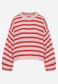 Born2be - Różowo-Czerwony Sweter Oversize z Wełną i Wiskozą o Luźnym Splocie w Paski Ternose. Okazja: na co dzień. Kolor: różowy. Materiał: wełna, wiskoza. Wzór: ze splotem, paski. Styl: klasyczny, casual #4