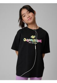 4f - 4F T-shirt loose z nadrukiem dziewczęcy - czarny 122/128 (6-8 lat). Okazja: na spacer, na co dzień, na uczelnię. Kolor: czarny. Materiał: dzianina, bawełna, skóra, materiał. Wzór: nadruk. Sezon: lato. Styl: casual #1