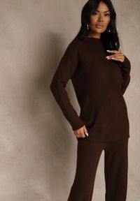 Renee - Brązowy Komplet z Wełną i Bawełną Szerokie Spodnie i Sweter o Długim Kroju Reilissa. Kolor: brązowy. Materiał: wełna, bawełna #4