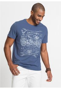 bonprix - T-shirt z czystej bawełny. Okazja: na co dzień. Kolor: niebieski. Materiał: bawełna. Wzór: nadruk. Styl: casual #1