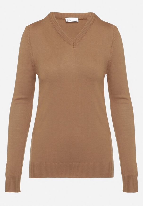 Born2be - Brązowy Klasyczny Sweter z Dekoltem w Szpic Felitha. Okazja: na co dzień, do pracy, na spotkanie biznesowe. Kolor: brązowy. Materiał: jeans. Długość rękawa: długi rękaw. Długość: długie. Styl: klasyczny