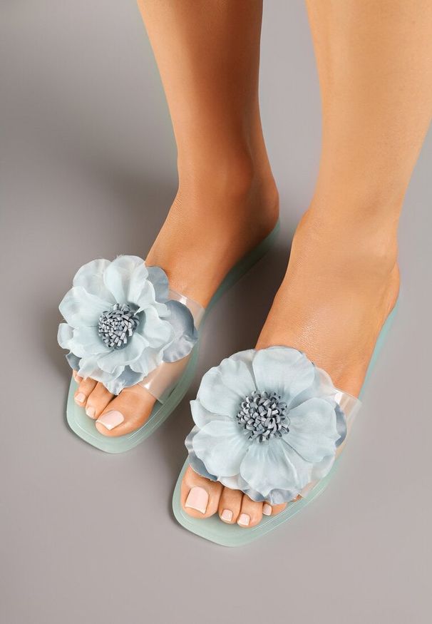 Renee - Jasnozielone Klapki Ozdobione Cyrkoniami i Kwiatową Aplikacją 3D Luritte. Okazja: na co dzień, na spacer. Kolor: zielony. Materiał: jeans. Wzór: aplikacja, kwiaty. Obcas: na obcasie. Styl: casual, elegancki. Wysokość obcasa: niski