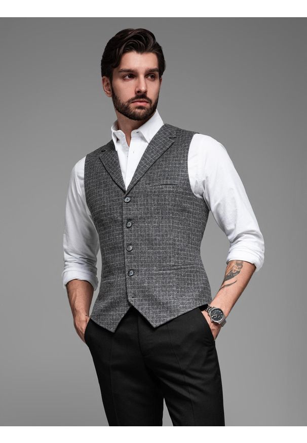 Ombre Clothing - Elegancka kamizelka męska w kratkę z klapami – czarna V3. Kolor: czarny. Materiał: poliester, materiał. Wzór: kratka. Styl: elegancki
