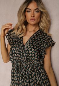Renee - Czarna Kopertowa Sukienka o Rozkloszowanym Kroju z Gumką w Pasie i Falbanką Tiamina. Okazja: na co dzień, na imprezę. Kolor: czarny. Typ sukienki: kopertowe. Styl: elegancki, casual #3