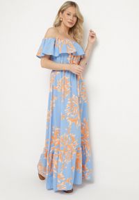 Born2be - Niebieska Sukienka Hiszpanka o Rozkloszowanym Kroju z Wiązanym Paskiem Sesiniela. Okazja: na co dzień. Typ kołnierza: dekolt hiszpanka. Kolor: niebieski. Typ sukienki: rozkloszowane. Styl: casual, elegancki #3