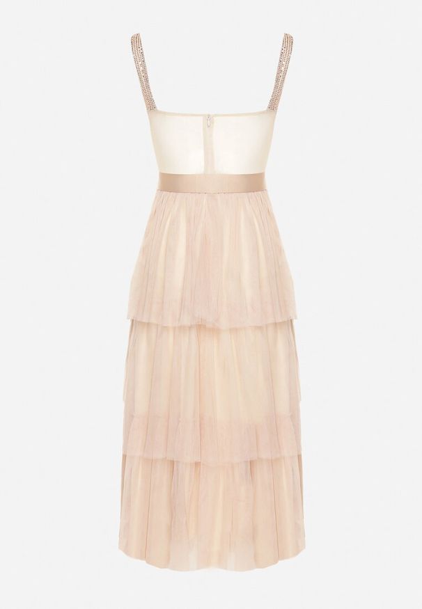 Born2be - Beżowa Sukienka Koktajlowa z Gorsetową Górą Falbanami Cekinami i Kokardą Loralina. Typ kołnierza: dekolt gorset, kokarda. Kolor: beżowy. Długość rękawa: na ramiączkach. Wzór: aplikacja. Typ sukienki: gorsetowe. Styl: wizytowy