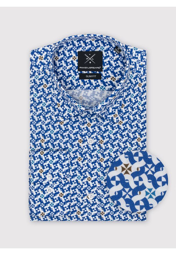 Pako Lorente - PAKO LORENTE – Koszula męska w biało-niebieski mikrowzór. Typ kołnierza: kołnierzyk klasyczny. Kolor: niebieski, biały, wielokolorowy. Materiał: bawełna, elastan. Długość rękawa: długi rękaw. Długość: długie. Styl: klasyczny