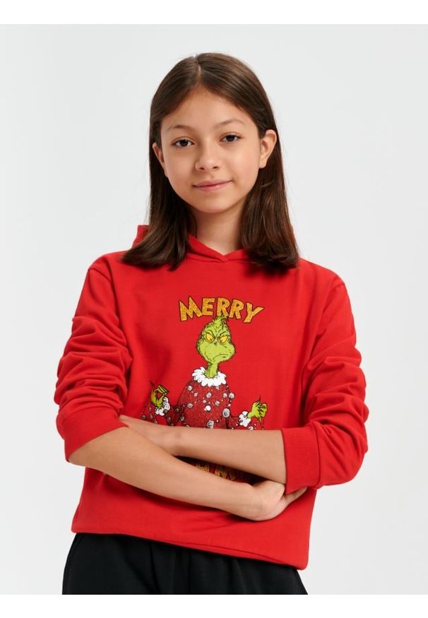 Sinsay - Bluza świąteczna Grinch - czerwony. Kolor: czerwony. Materiał: bawełna. Wzór: nadruk. Styl: wizytowy