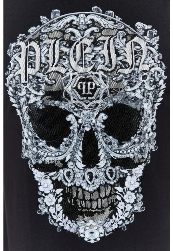 Philipp Plein - PHILIPP PLEIN Czarny męski t-shirt z czaszką zdobioną dżetami. Kolor: czarny. Wzór: aplikacja
