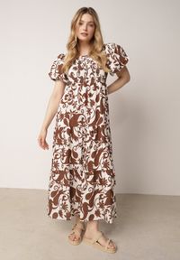 Born2be - Brązowa Rozkloszowana Sukienka z Wiskozy z Bufiastymi Rękawami w Roślinny Wzór Semea. Okazja: na co dzień, do pracy, na spotkanie biznesowe. Kolor: brązowy. Materiał: wiskoza. Sezon: lato. Typ sukienki: rozkloszowane, proste. Styl: casual, biznesowy. Długość: maxi #1
