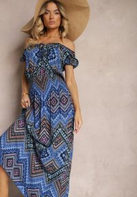 Renee - Niebieska Rozkloszowana Sukienka z Bawełny z Gumką w Talii Xenetta. Kolor: niebieski. Materiał: bawełna. Sezon: lato #1