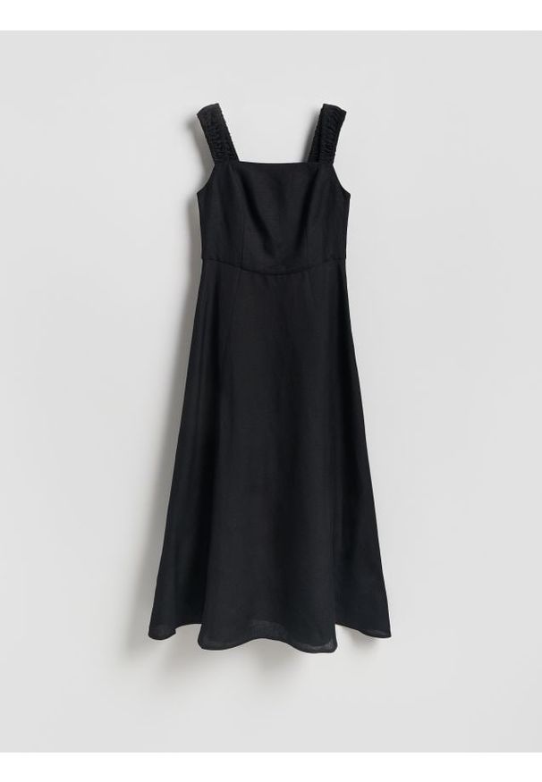 Reserved - Sukienka midi z lnem - czarny. Kolor: czarny. Materiał: len. Długość: midi