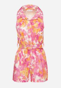 Born2be - Fuksjowy Wiskozowy Kombinezon o Koszulowym Kroju Bez Rękawów z Paskiem Tolivia. Okazja: na co dzień. Kolor: różowy. Materiał: wiskoza. Długość rękawa: bez rękawów. Długość: krótkie. Styl: casual, elegancki #4