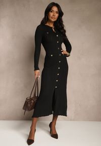 Renee - Czarna Taliowana Sukienka Sweterkowa z Wiskozą i Metalicznymi Guzikami Lilianessa. Okazja: na co dzień. Kolor: czarny. Materiał: wiskoza. Typ sukienki: proste. Styl: elegancki, casual