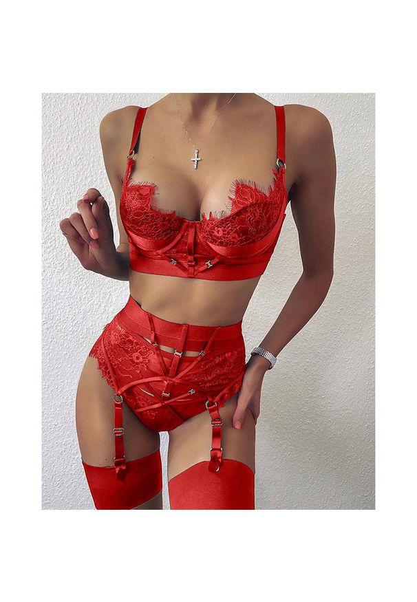 Intica - Komplet bielizny z koronką na romantyczne wieczory Lada. Kolor: czerwony. Materiał: koronka. Wzór: koronka