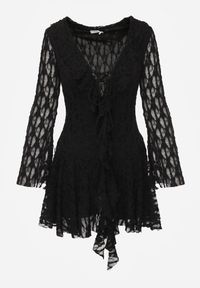 Renee - Czarna Eteryczna Sukienka z Koronki z Falbankami i Wiązaniem Dianatta. Okazja: na co dzień. Typ kołnierza: kołnierz z falbankami. Kolor: czarny. Materiał: koronka. Wzór: koronka. Styl: casual, elegancki, boho #2