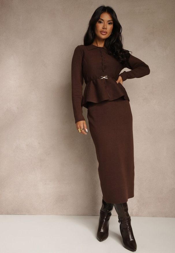 Renee - Brązowy Elegancki Komplet Garniturowy z Wiskozą Taliowana Marynarka i Spódnica Zaite. Kolor: brązowy. Materiał: wiskoza. Wzór: aplikacja