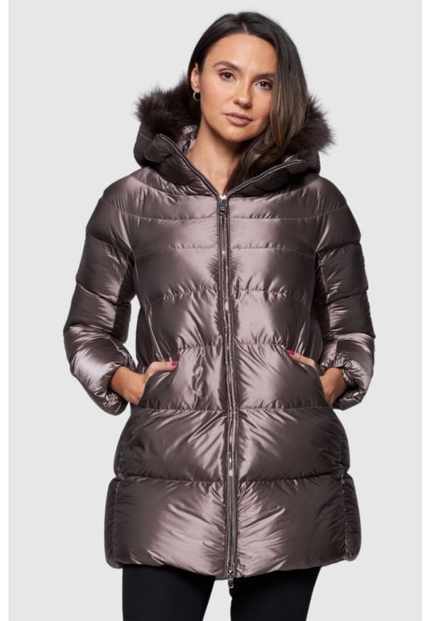Hetrego - HETREGO Taupe damska długa kurtka puchowa Hanna z lisem, Rozmiar 36 EU - 40 IT. Kolor: szary. Materiał: puch. Długość: długie